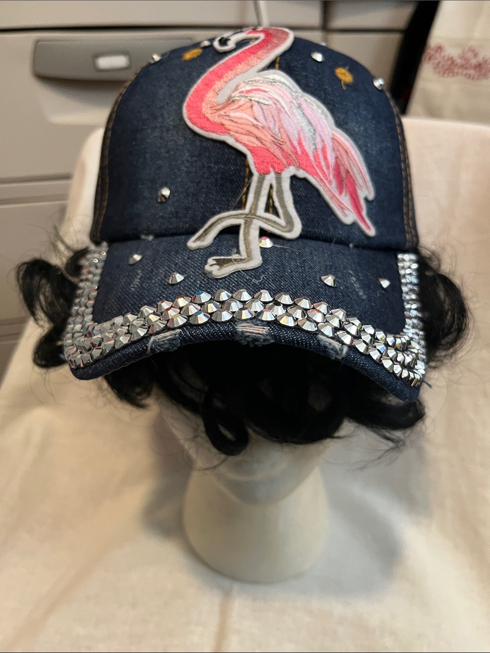 Blinged Out Navy Flamingo Denim Cap with Rhinestones